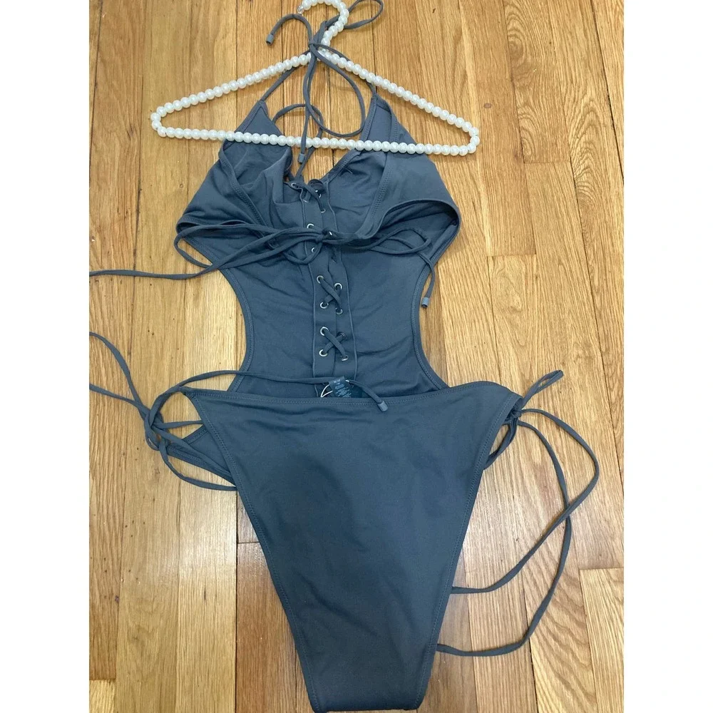 Skims Track Signature Swim Monokini Swimsuit Lace Up Gunmetal Gray Size 3X NWT